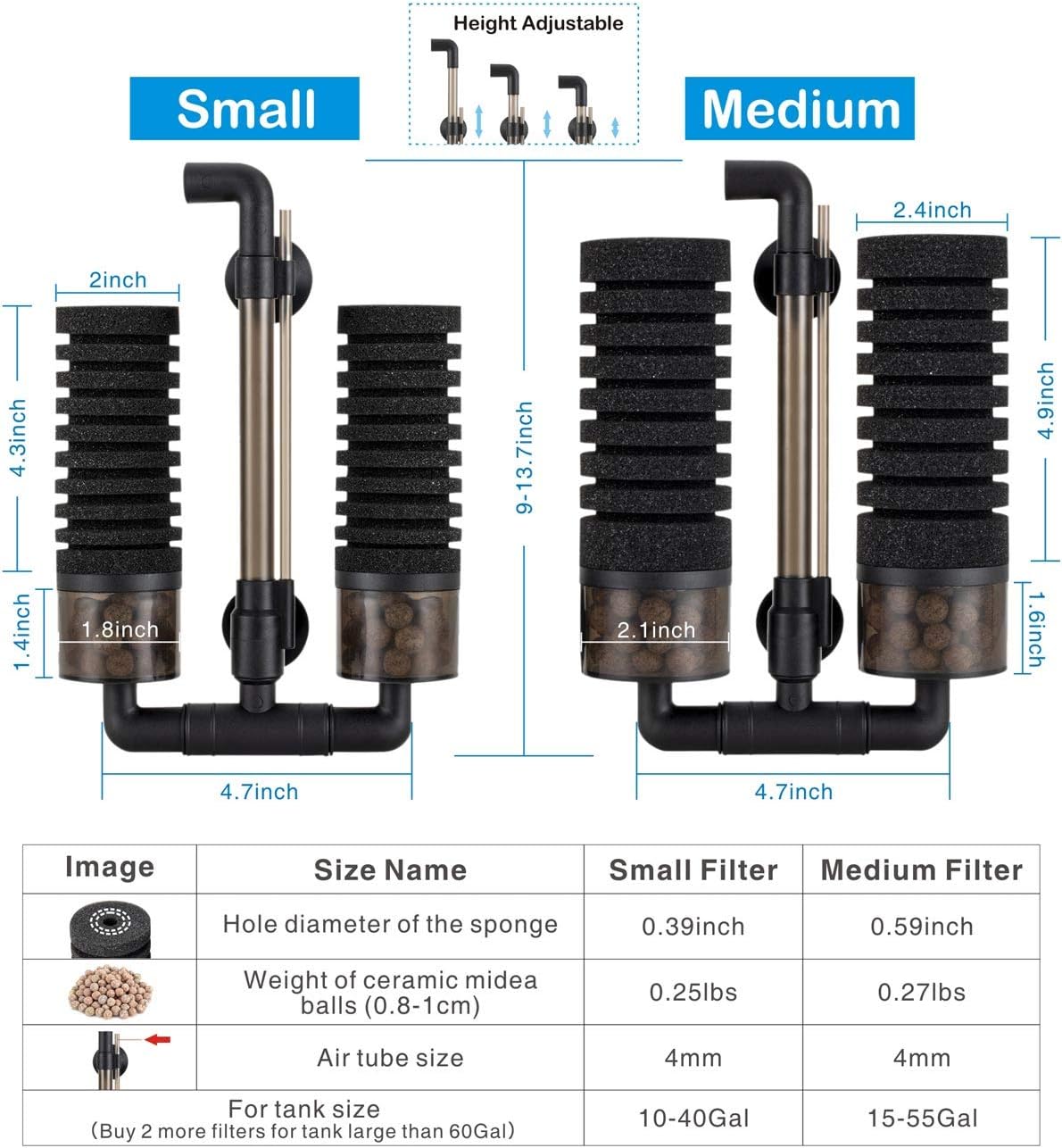 Aquarium Double Sponge Filter, Comes with 2 Spare Sponges, 1 Bag of Bio Ceramic Media Balls, Quiet Submersible Foam