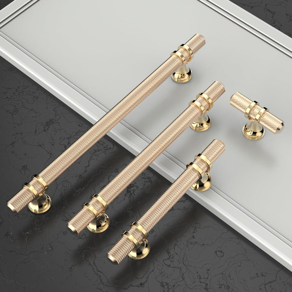 10 Pack 3"(76mm) Gold Cabinet Pulls Knurled Kitchen Cabinet Handles Drawer Pulls Brushed Brass Cupboard Hardware for