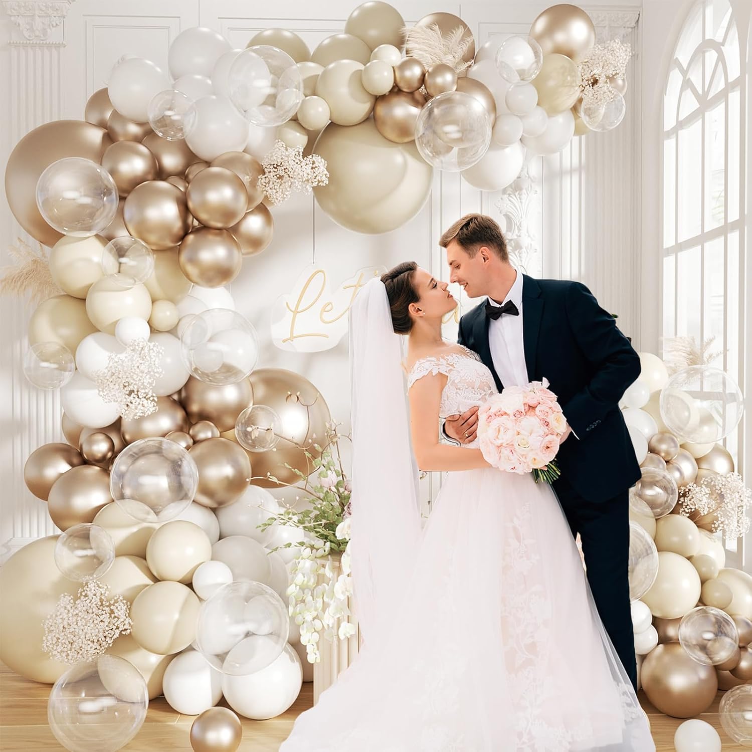 White Sand Metallic Champagne Gold Balloons Garland Arch Kit,152PCS White Neutral Balloons with Clear Balloons for
