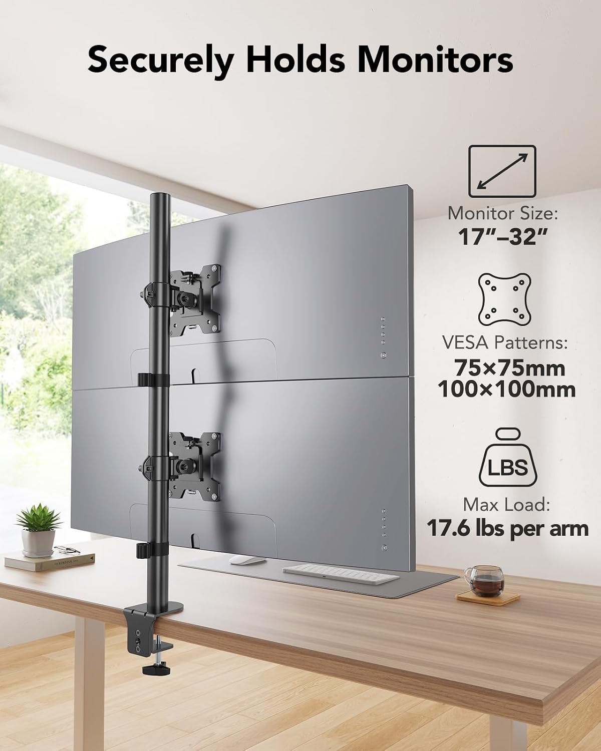 Vertical Dual Monitor Mount, Stacked Monitor Stand for 2 Monitors with Height Adjustment Computer Monitor Arm