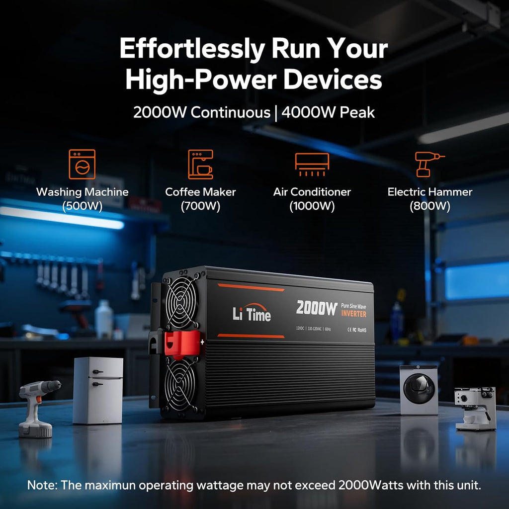 2000W Pure Sine Wave Power Inverter, 12V DC to 120V AC for Off-Grid | 4000W Surge Power, LCD Remote Control with 4 AC