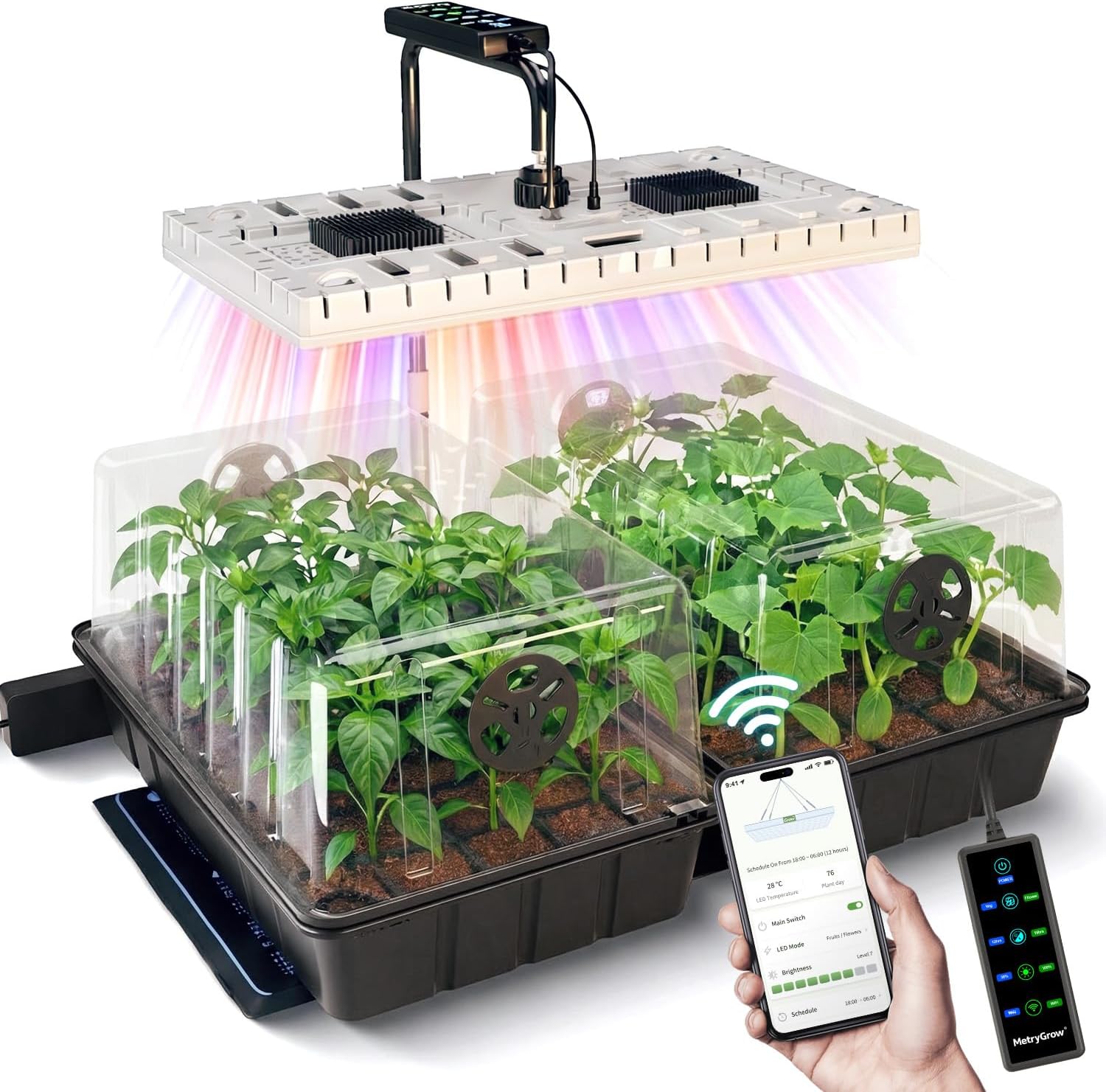 48W Full Spectrum LED Grow Light Seed Starter Kit, 80-Cell Tray with 30W Heating Mat & Adjustable Dome, Waterproof