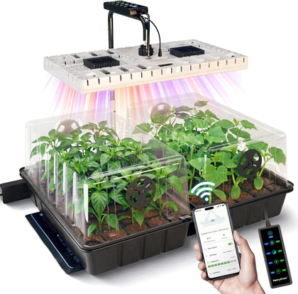 48W Full Spectrum LED Grow Light Seed Starter Kit, 80-Cell Tray with 30W Heating Mat & Adjustable Dome, Waterproof