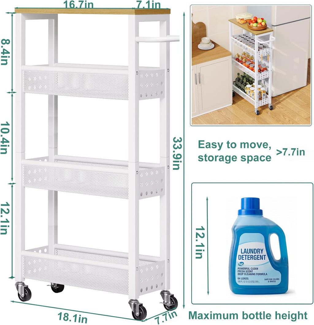 Utility Slim Rolling Cart with Table Top, Narrow Laundry Room Organization and Storage Shelves for Between Washer and
