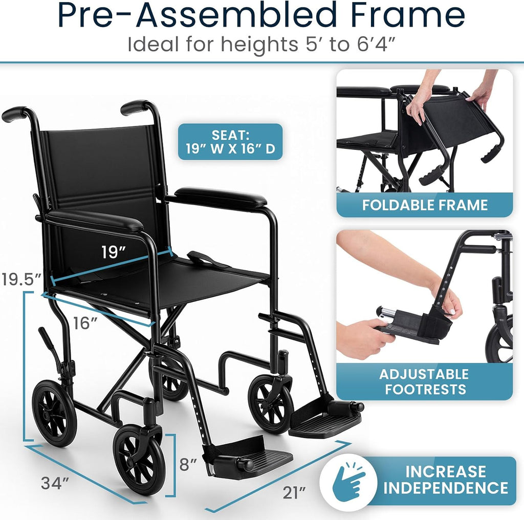 Vive Lightweight Transport Wheelchair for Seniors - Portable, Folding, 19''
