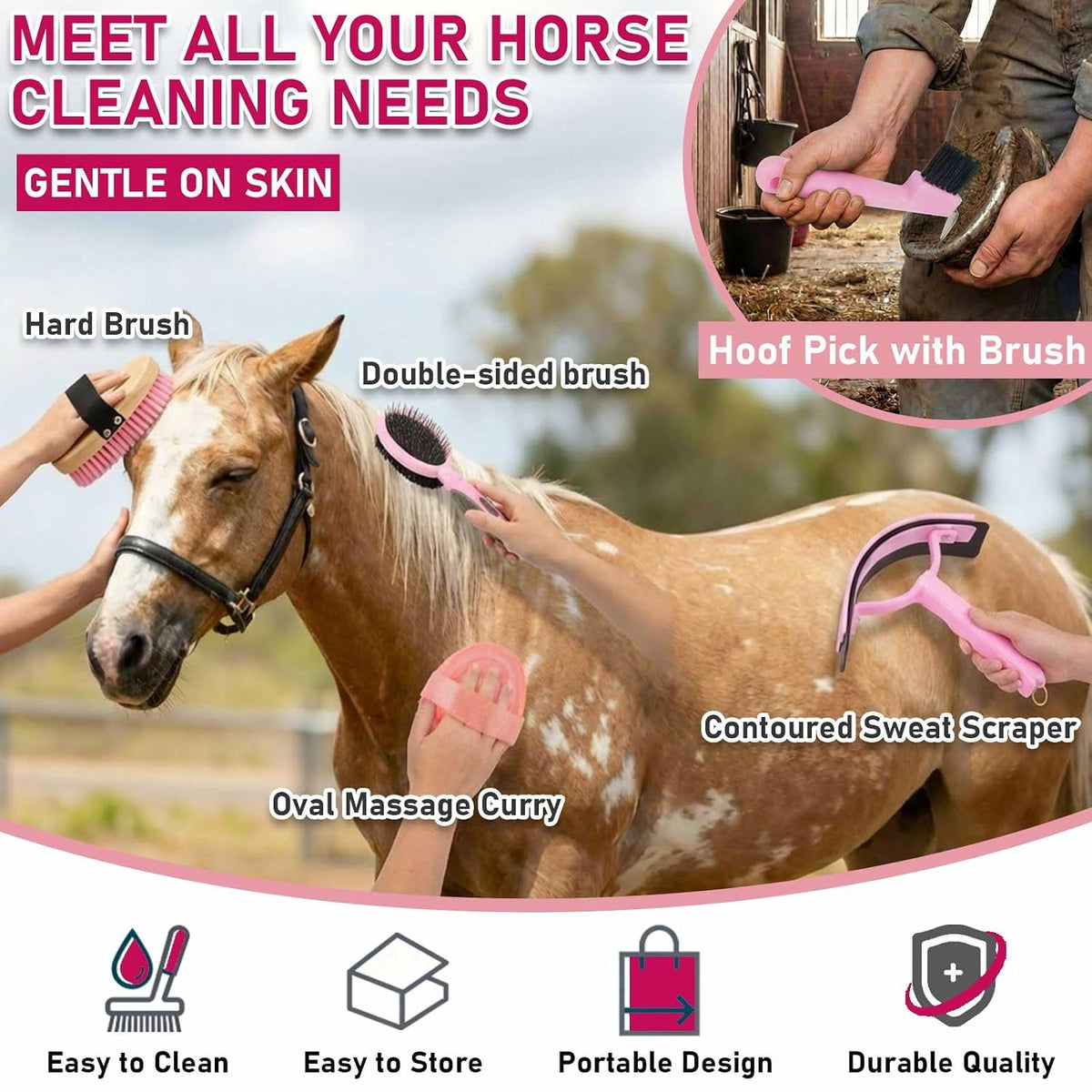 9 Pcs Horse Grooming Kit Tack Room Supplies, Classic, Pink