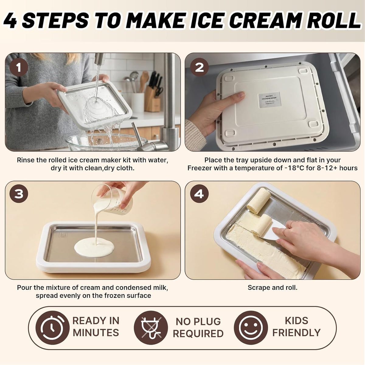 Rolled Ice Cream Maker Kit with Lid and 2 Spatulas, Rolled Ice Cream Tray