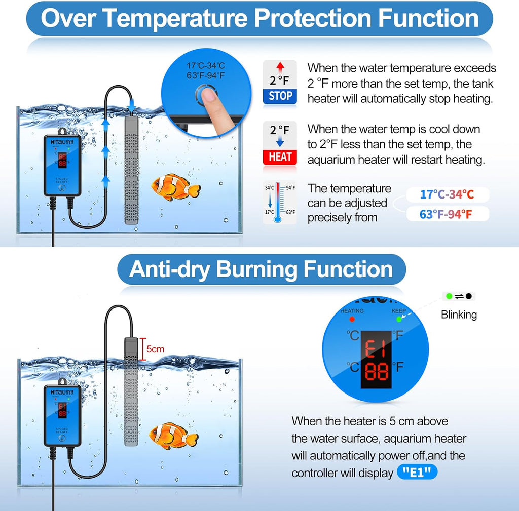 Aquarium Heater, Upgraded 300W/500W Fish Tank Heater with Intelligent Leaving Water Automatically Stop Heating and