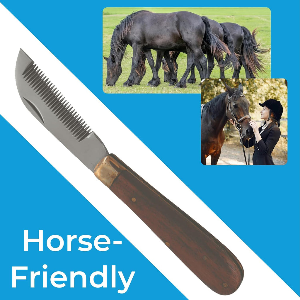 Mane & Tail Comb for Horses – Heavy-Duty, Ergonomic Design with Fold-Up Thinning Comb for Easy Carry & Wooden Handle
