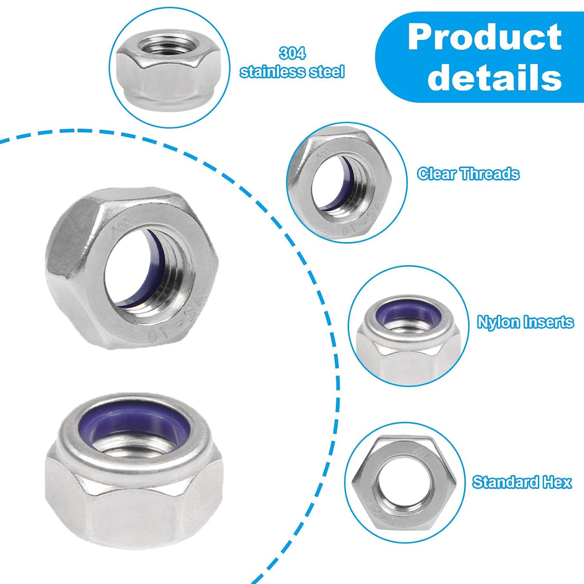 15PCS M10 Locknuts M10x1.5mm Nylon Insert Hex Lock Nuts
