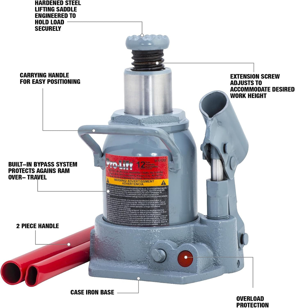 B-S12D Grey Hydraulic Bottle Jack - 12 Ton Capacity