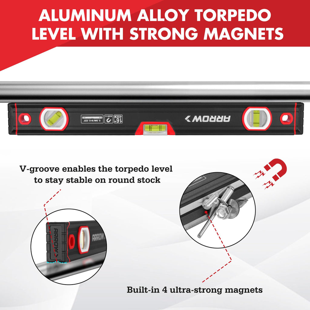 ARROW 16-Inch Level, Magnetic Torpedo Level for Construction, Carpentry