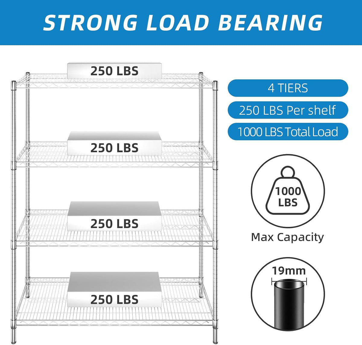 4-Shelf Heavy Duty Wire Shelving,Chrome,48" L x 18" W x 62" H