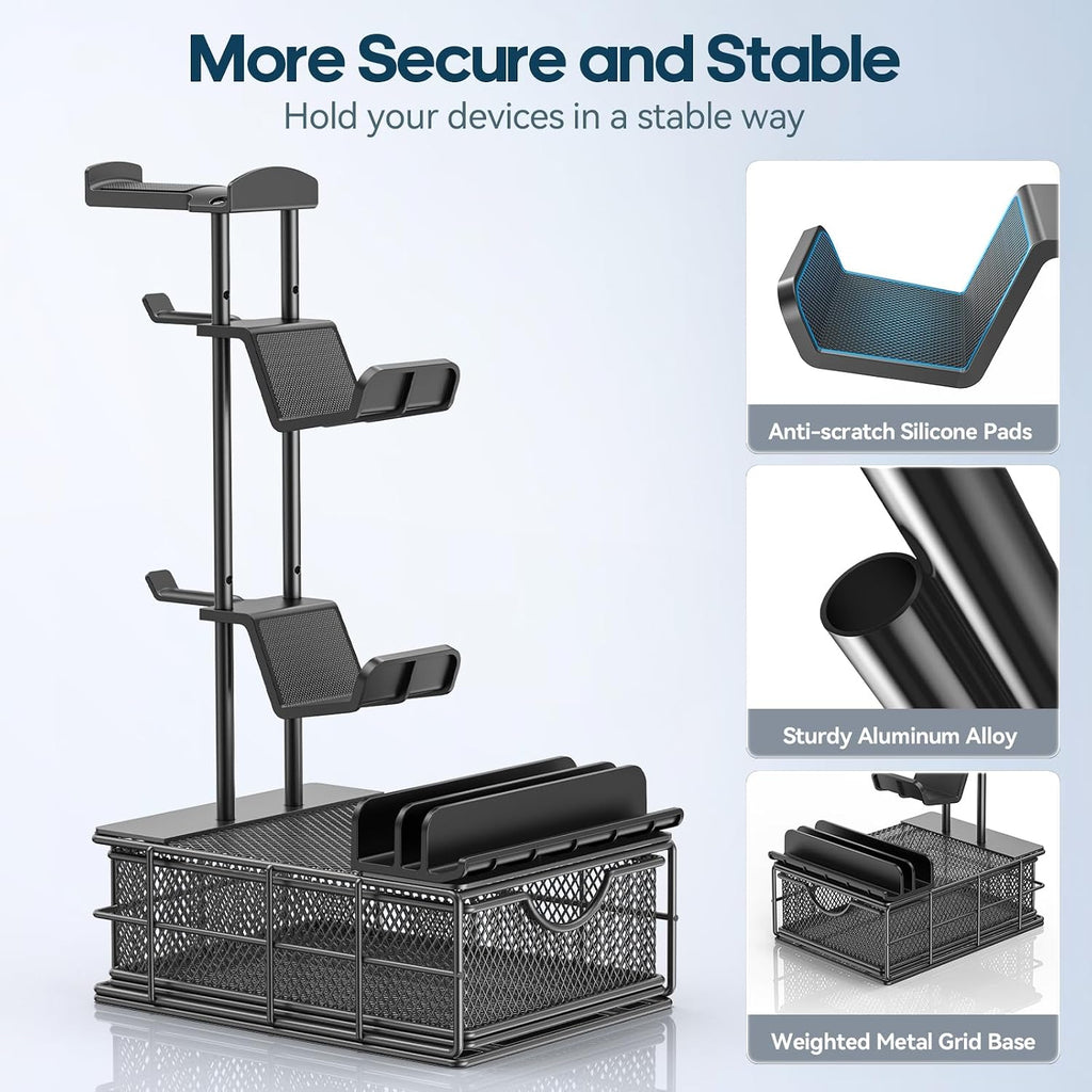 Headphone Stand with Drawer - Headset & Controller Holder for Desk - Aluminum Supporting Bar Earphone Stand with