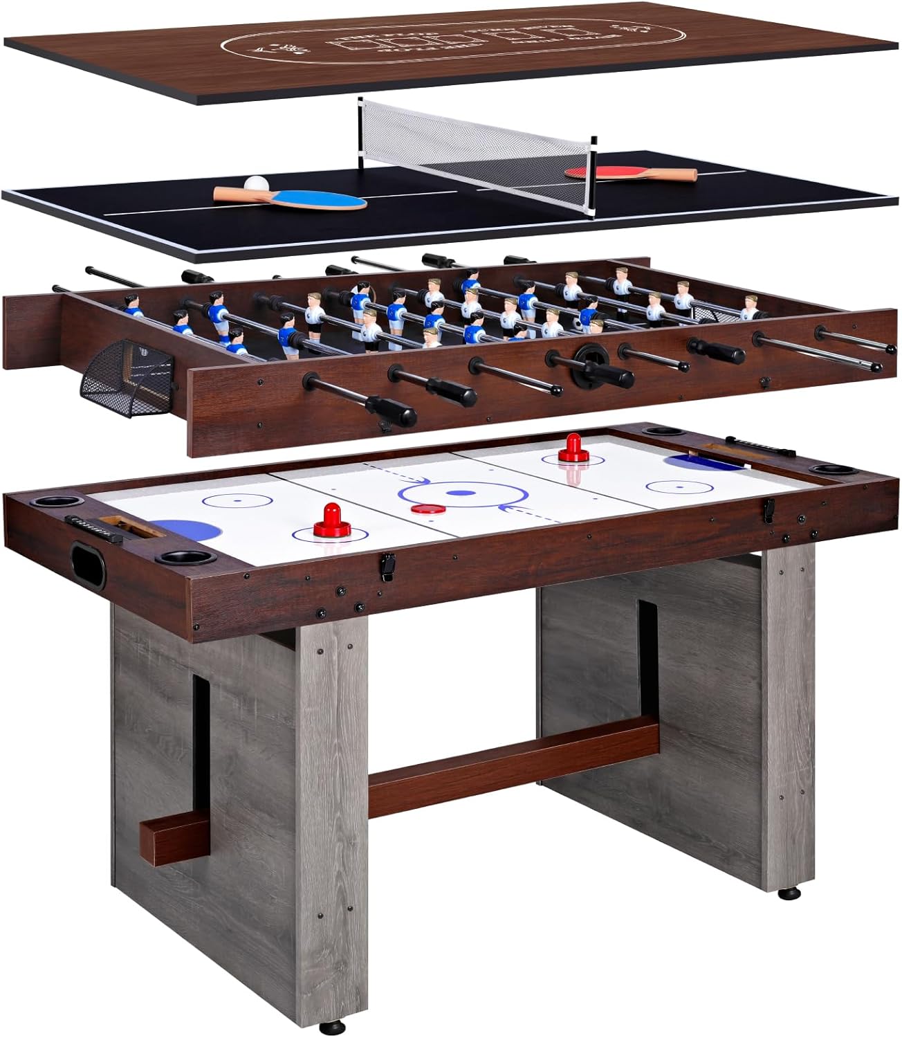 4-in-1 Combo Game Table 55" Multi-Game Table with Foosball, Electric Air Hockey (Powerful 700mA Motor), Ping Pong &