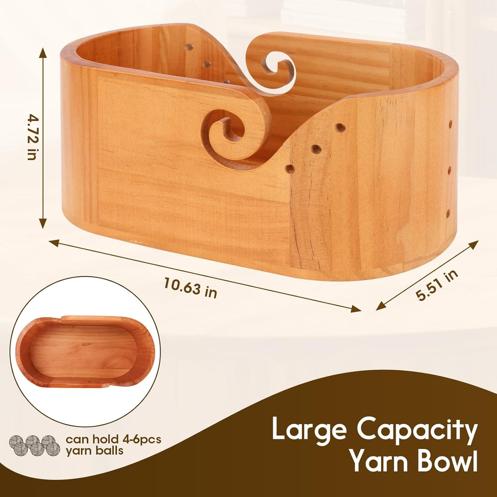 Large Wood Yarn Bowl with Lid, Crochet Yarn Holder with 7pcs Knitting Hooks, No-Tangle Design, Yarn Storage Crochet