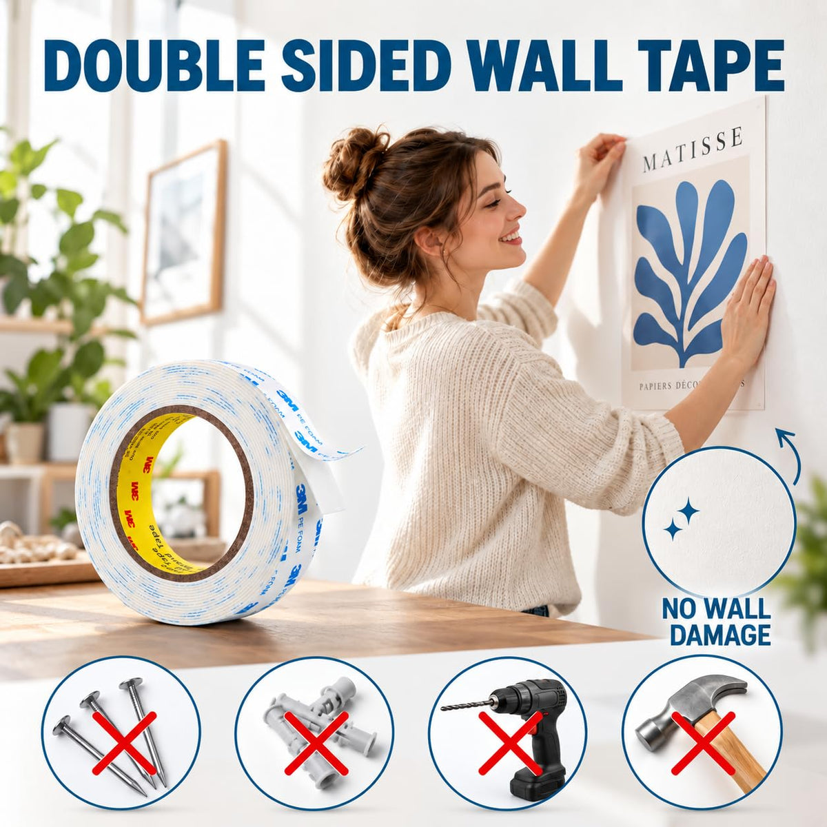 3M Double Sided Tape 0.39"×16.5Ft No Damage Removable Wall Tape, White