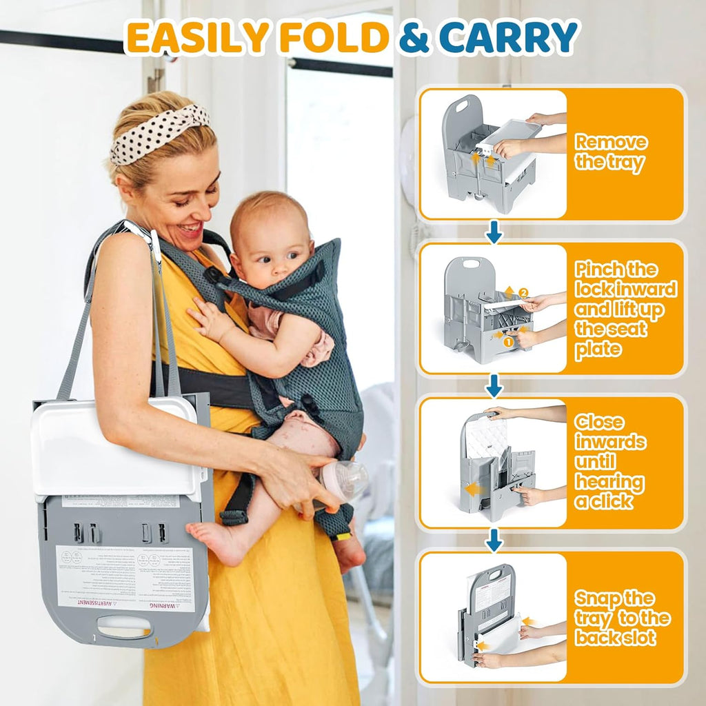 Portable High Chair with Tray, Grey | Foldable Booster Seat, For Travel Toddlers 6-36 Months