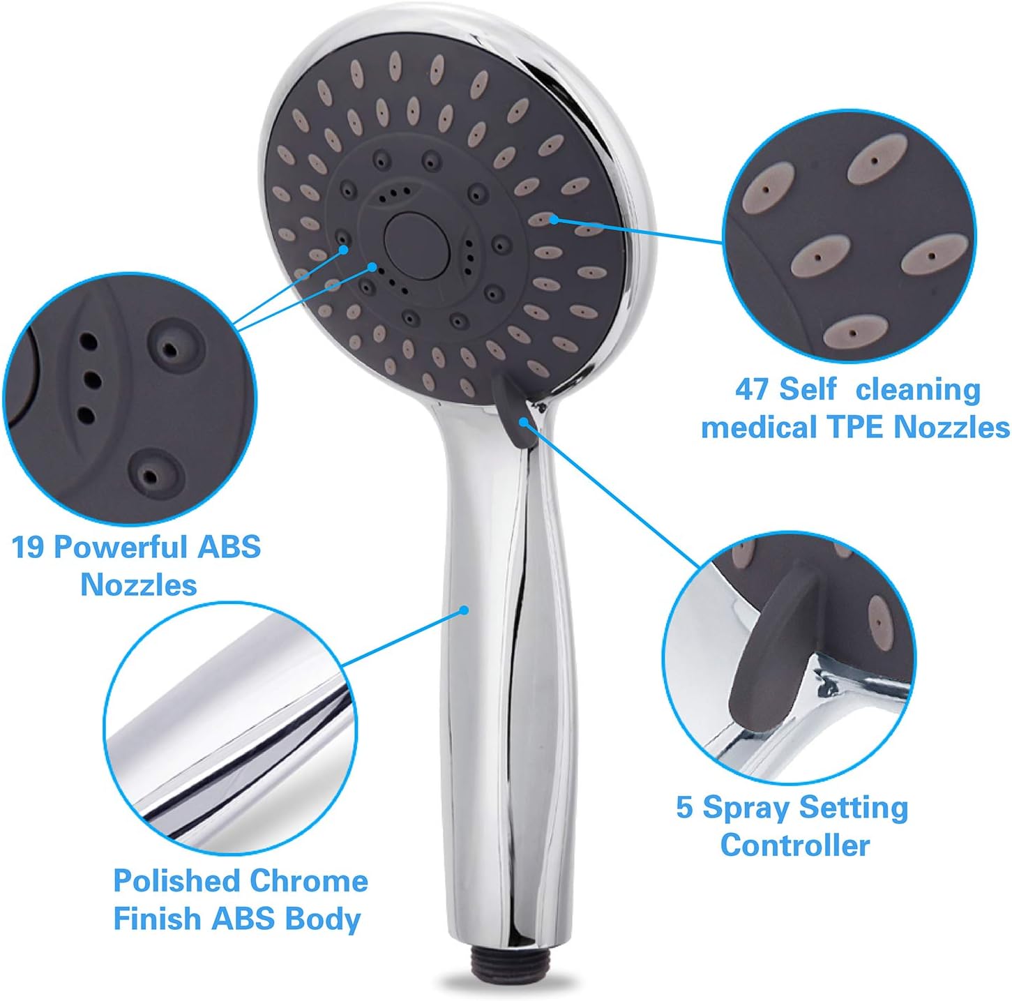 High Pressure Handheld Shower Head Briout 5-Settings Powerful Water Spray Shower Head against Low Pressure Water Flow