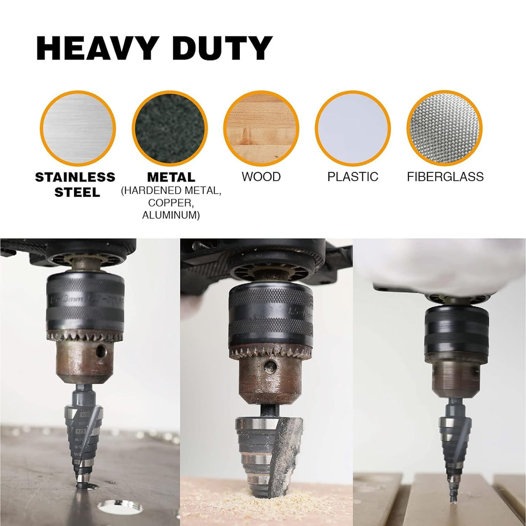 1/4"-2" M2 Step Drill Bit Unibit for Hole Drilling 10 Sizes | M2 High Speed Steel; Double Spiral Flutes; Fast, Clean