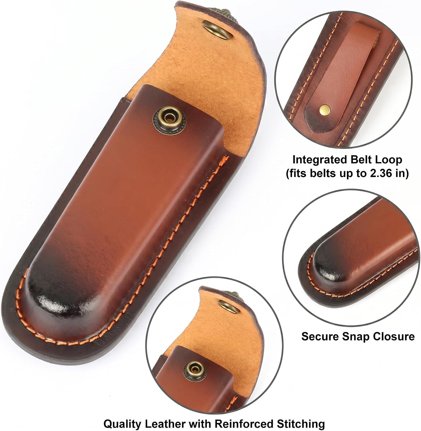 Leather Pocket Knife Sheath for Belt, Large 5in Folding Pouch | Brown cowhide leather, lion head snap, belt loop;