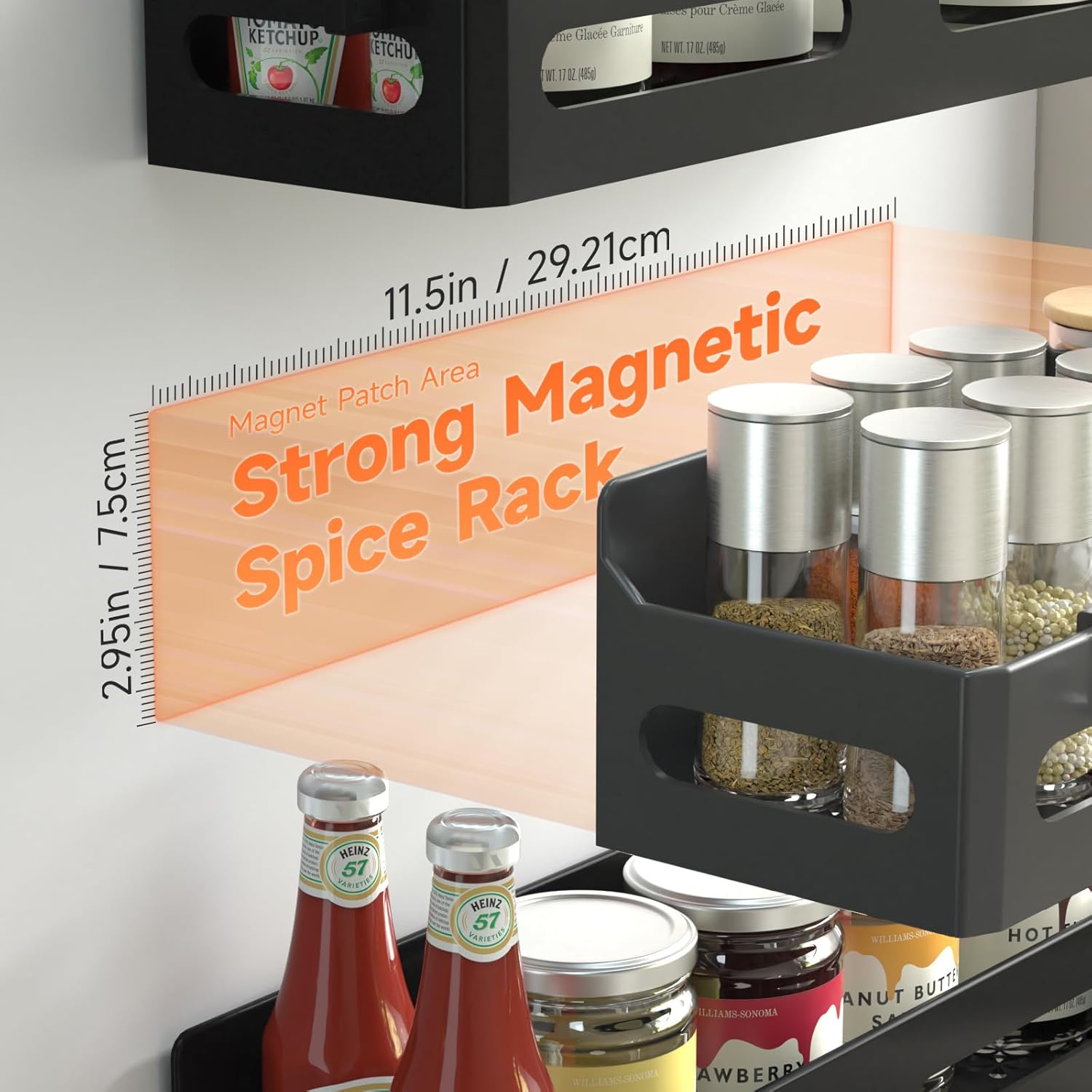 4 Pack Strong Magnetic Spice Rack for Refrigerator, Multipurpose Magnetic Shelf for Fridge with 4 Hooks for Kitchen