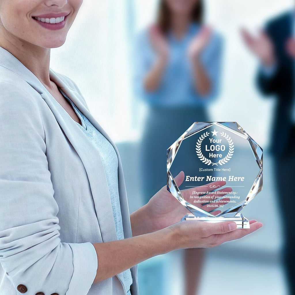 Custom Crystal Trophy Award, Custom Plaque Personalized Engraved with Logo Text, Employee Appreciation Gifts Bulk