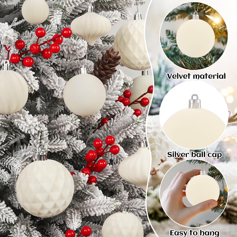 28PCS Velvet Christmas Balls Ornaments, Flocked Shatterproof | Beige Cream Xmas Tree Hanging Decoration Plastic Ball