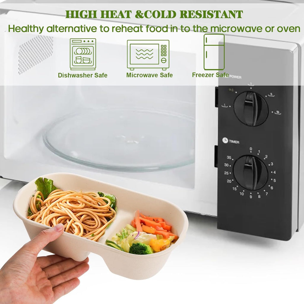 50 Pcs Compostable Take Out Food Containers with Lid, 33 oz Bagasse to Go Container 2 Compartment Rectangular