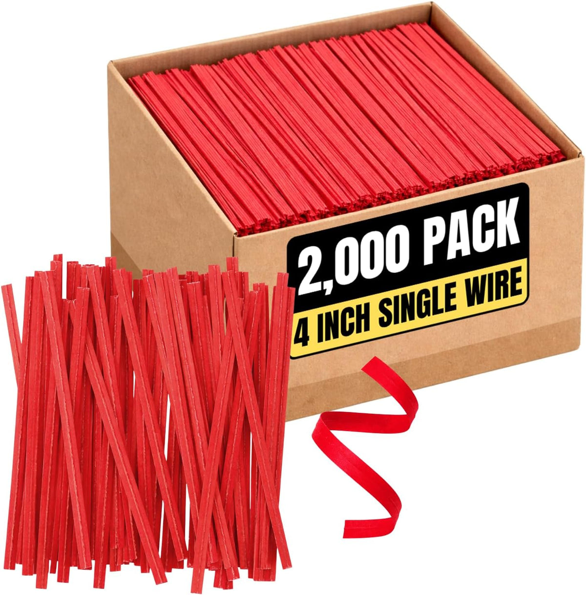Red Twist Ties, Bread Tie, 4" x 3/16" Paper with Single Wire 2000 Pack