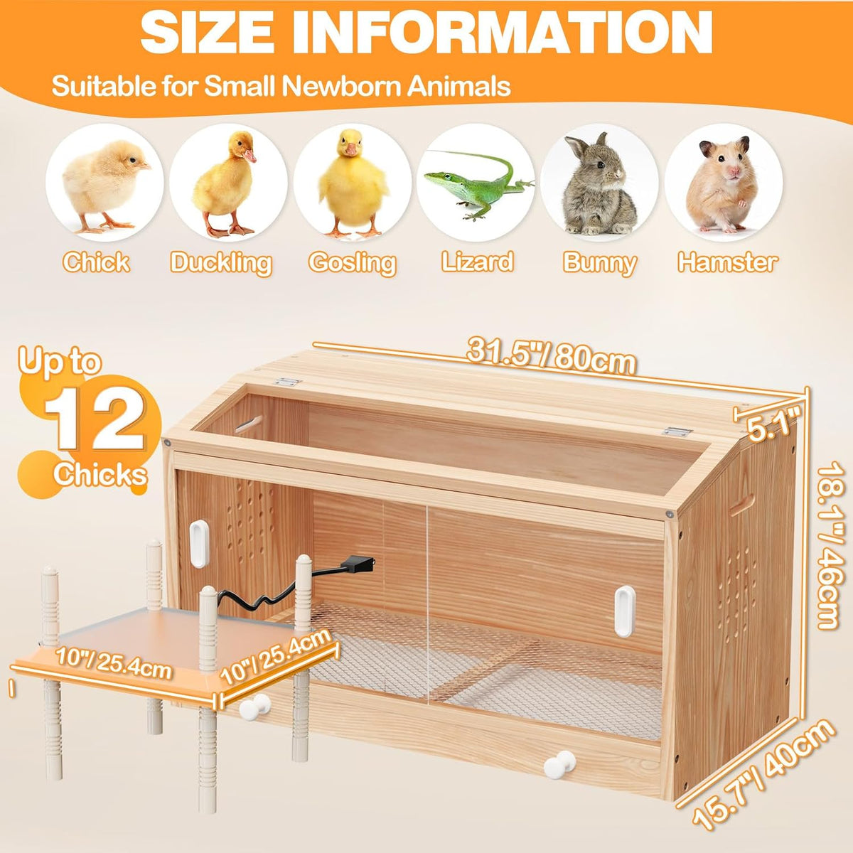 Chick Brooder Box with Heating Plate & Drawers for Max 15 Chicks 32x16x18''