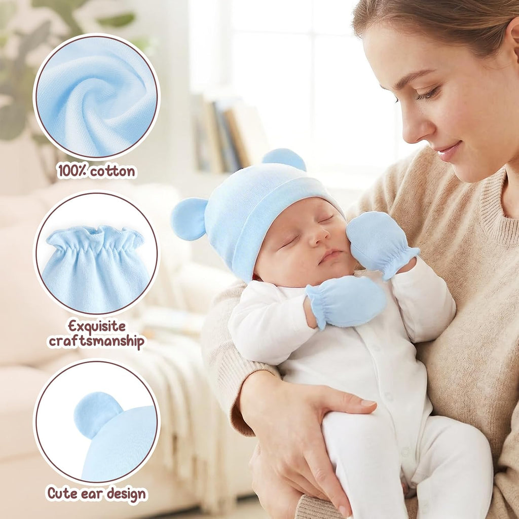 Newborn Baby Hats and Mittens Set, Cotton Infant Baby Boy Girl Bear Ears Caps and Mittens for 0-3 Months