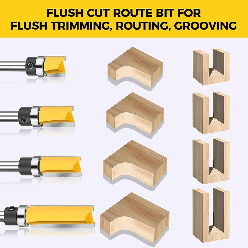 4PCS Flush Trim Route Bit 1/4 Shank with Bearing, Prevent Tear-Out | 4 Cutting Lengths, Straight Cut Carbide Tipped