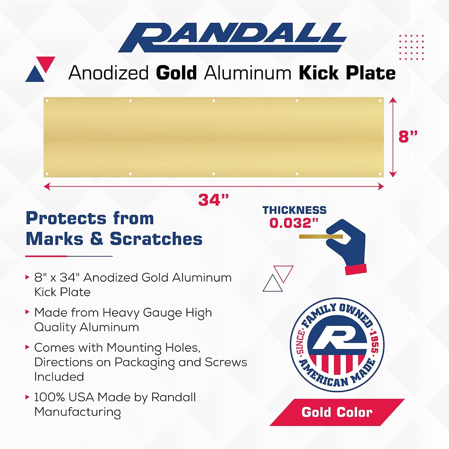 Brass Plated Kick Plate | 8” x 34” | Heavy Gauge Aluminum | Bright Gold Finish | Mounting Holes & Screws Included for