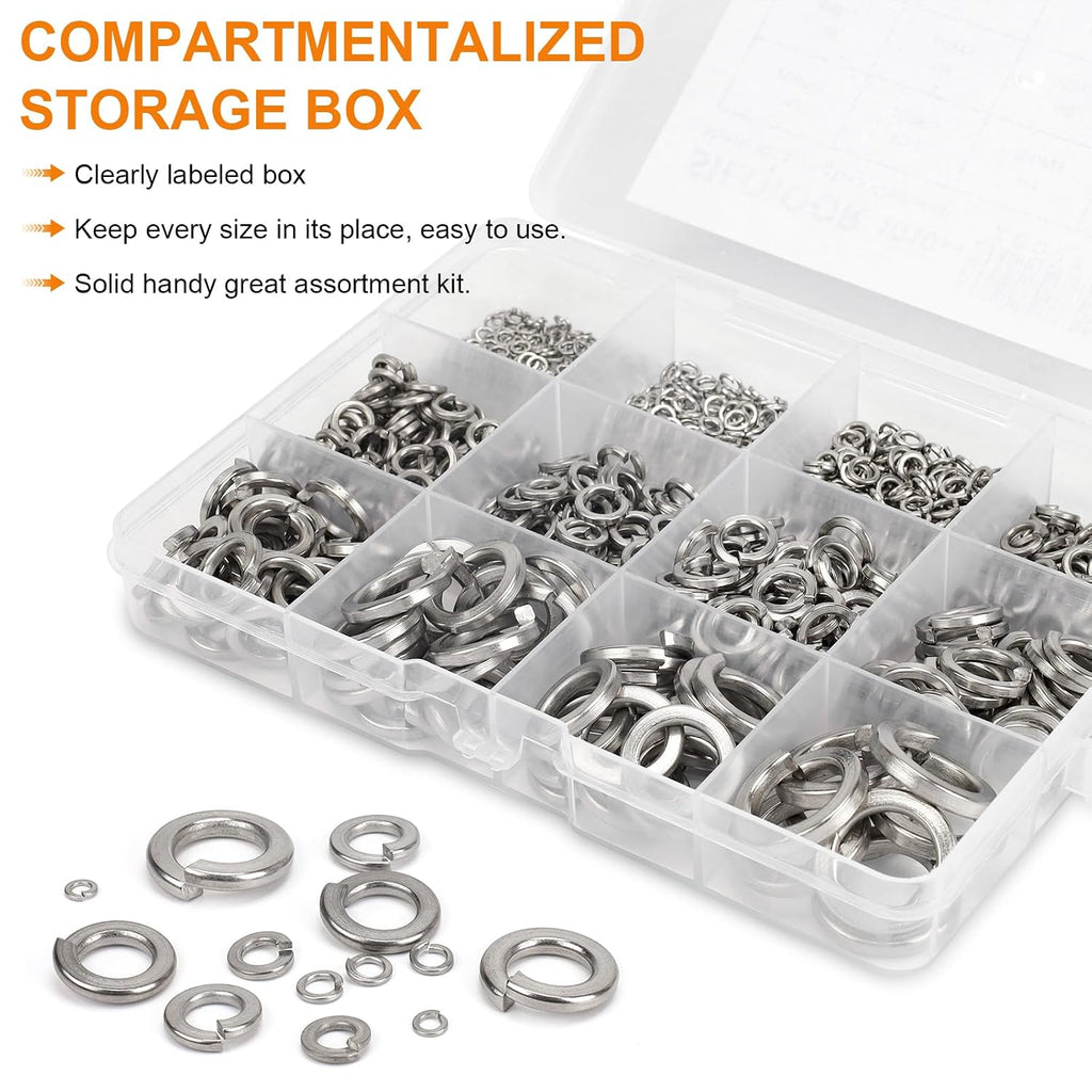530Pcs Metric & SAE Spring Lock Washer Kit 304 SS M3-M10 6#-3/8"