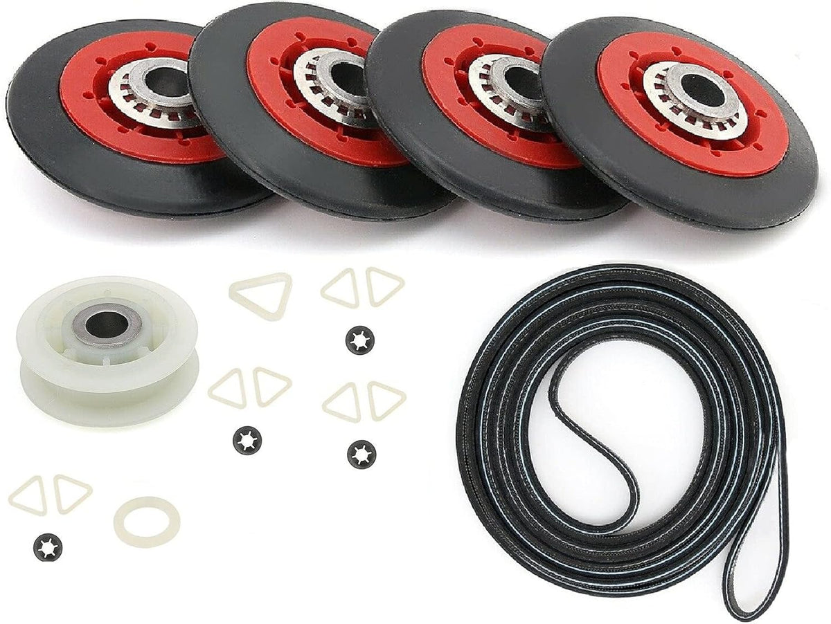 Dryer Repair Kit Drum Rollers Belt Idler Pulley Replace For Maytag MEDZ600TW2 MEDZ600TW1 MEDZ600TK2 MEDZ600TK1 MEDZ600TE2 MEDZ600TB2 MEDZ600TB1 MEDZ400TQ2 MEDZ400TQ1 MEDX700XW1 MEDX700XW0 MEDX700XL1