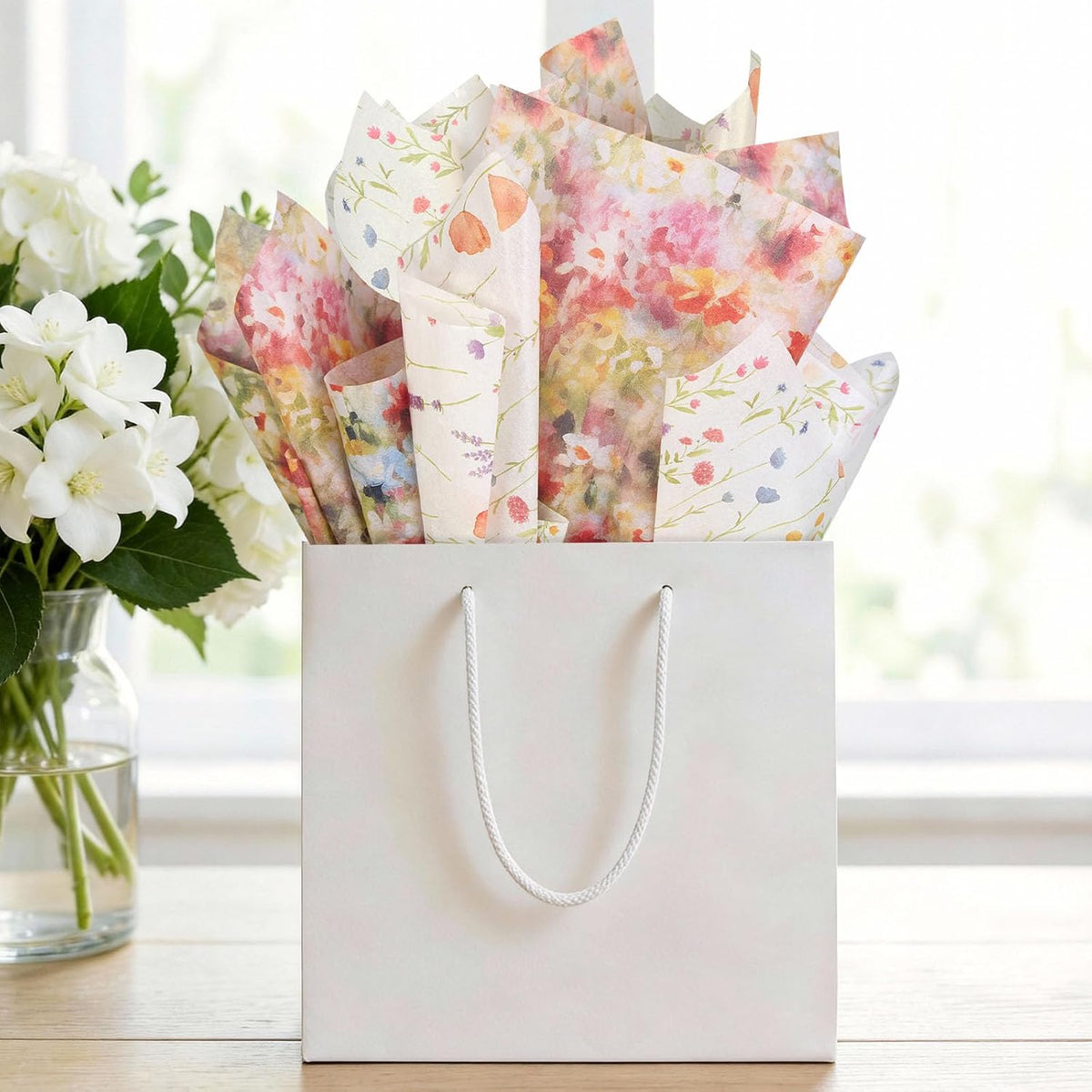 100 Sheets Garden Flower Tissue Paper, Greenery Botanical Dual-Pattern Gift Wrapping Paper for Wedding, DIY Craft