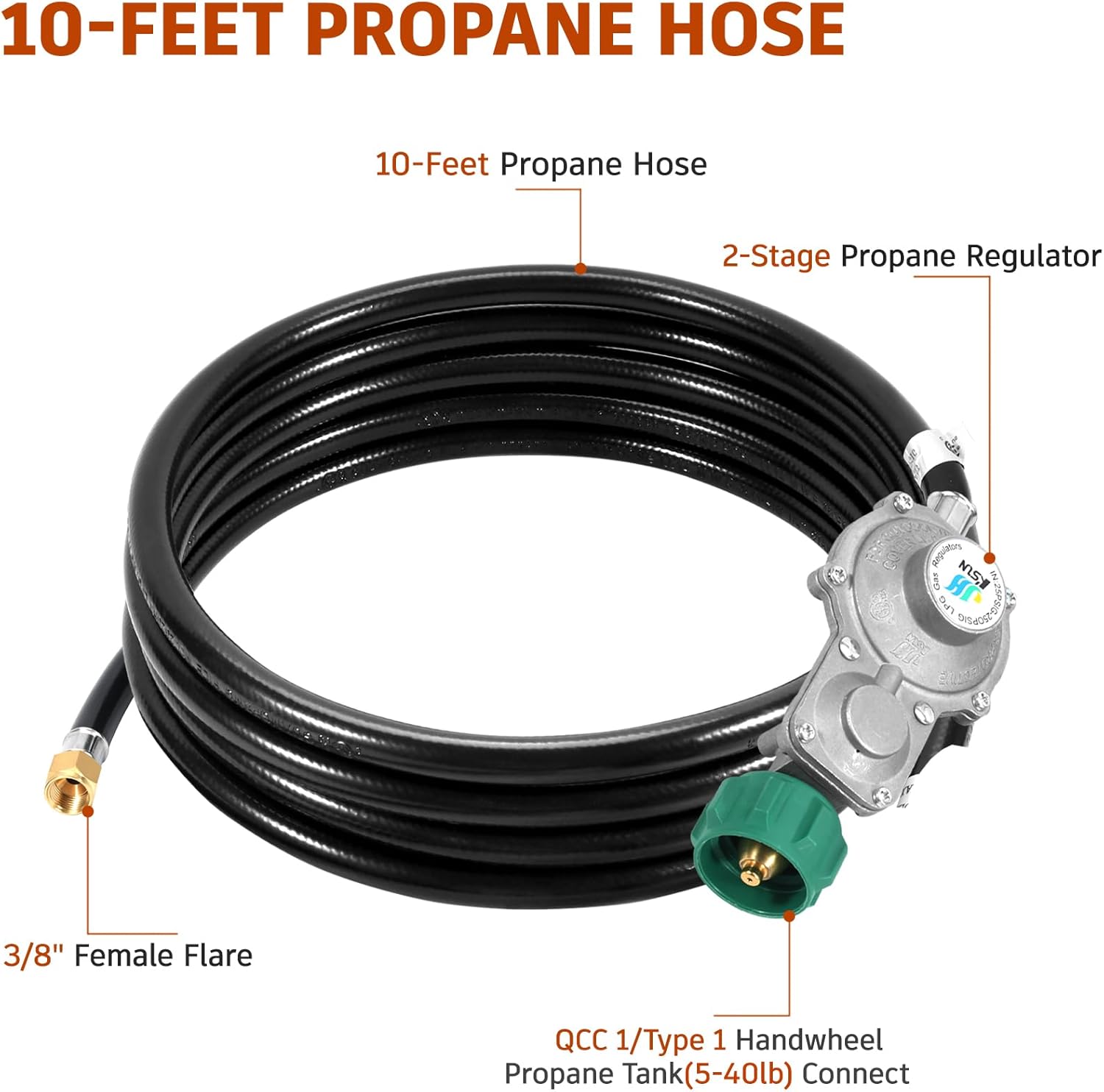 10FT 2 Stage Propane Regulator Hose Gas Propane Regulator and Hose | Suitable for Dual Fuel Generator, RV Appliance