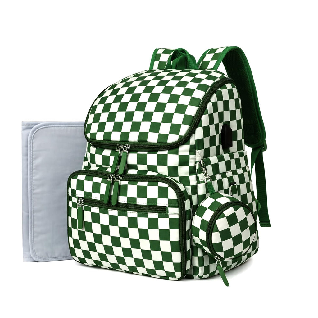 Checkered Diaper Bag Backpack with Changing Pad & Stroller Clips