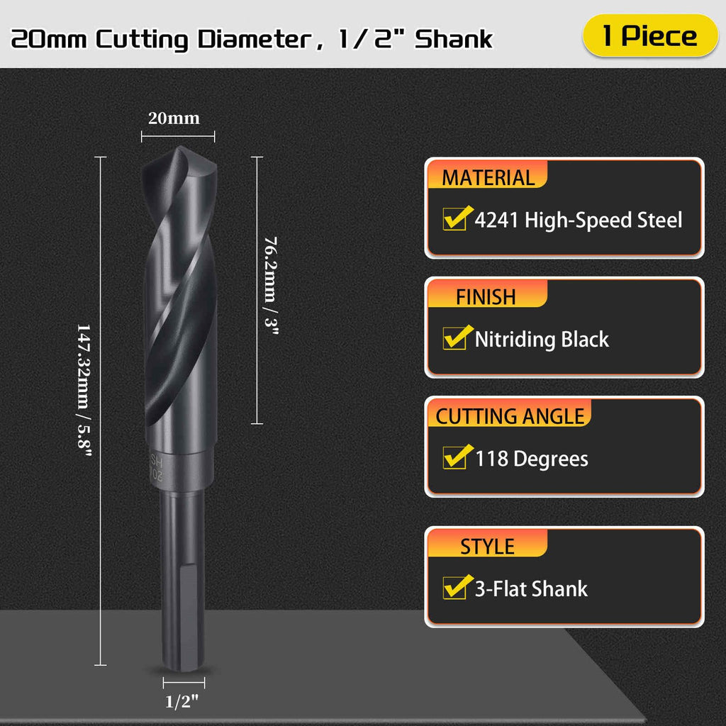 CoCud Drill Bit 20mm Diameter 1/2" Shank 3-Flat 4341 HSS