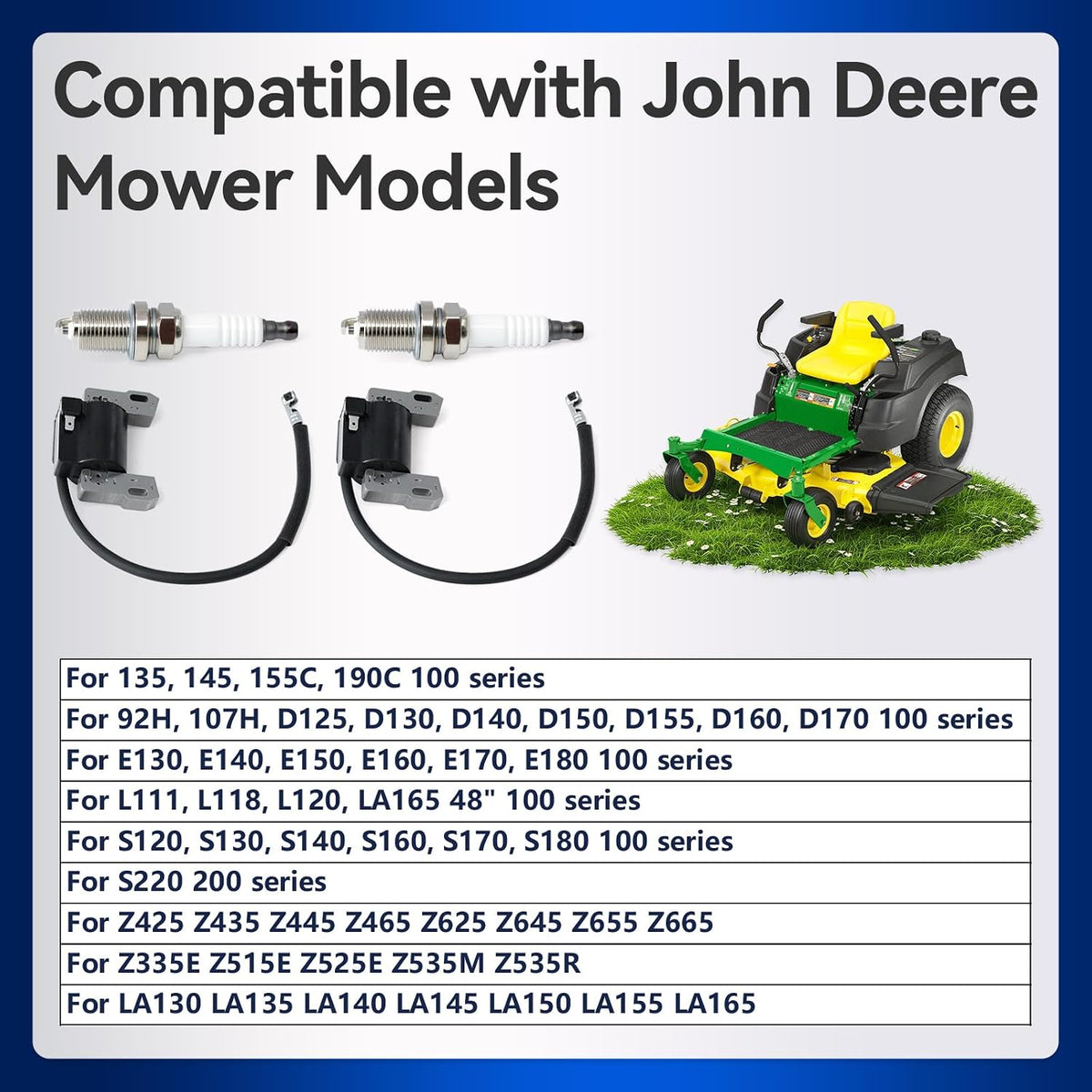 MIA12788 Ignition Coil Compatible with John Deere Z515E Z525E Z535M Z535R Z425 Z435 Z445 LA130 LA135 LA140 LA145 LA150 LA155 Lawn Tractors Mowers, Replace LG691060 MIA12346 w/Spark Plug 2Pcs