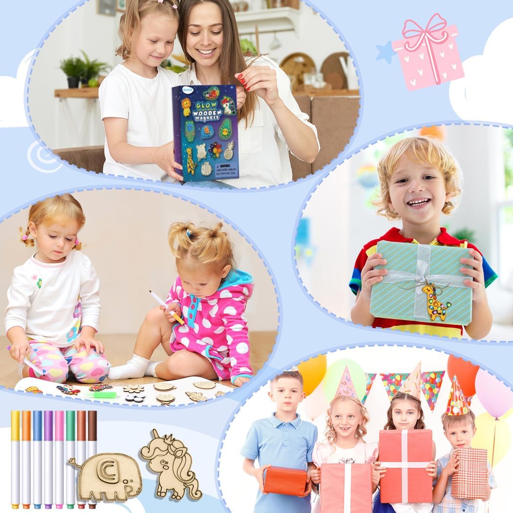 Kids Crafts, 15 PCS Kids Activities Arts and Crafts Painting Kits, Glow in The Dark Wooden Magnets to Paint