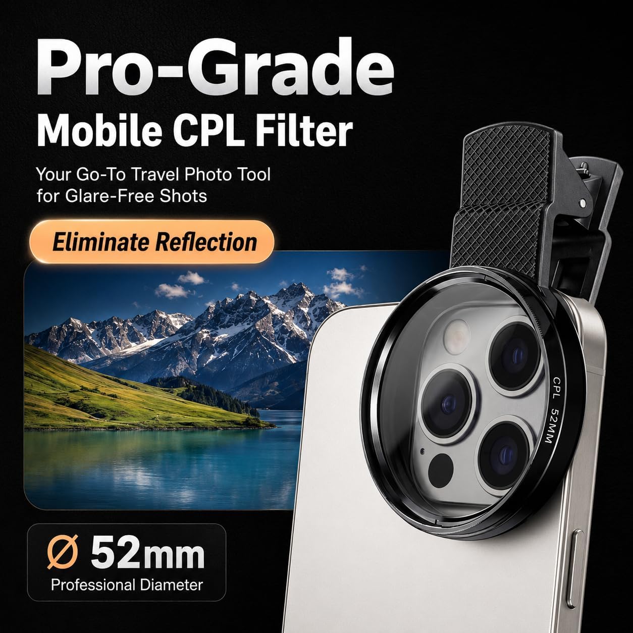 52mm Clip-on CPL Phone Camera Lens Filter Kit, Circular Polarizer Polarizing Filter Compatible with iPhone 17 16 15