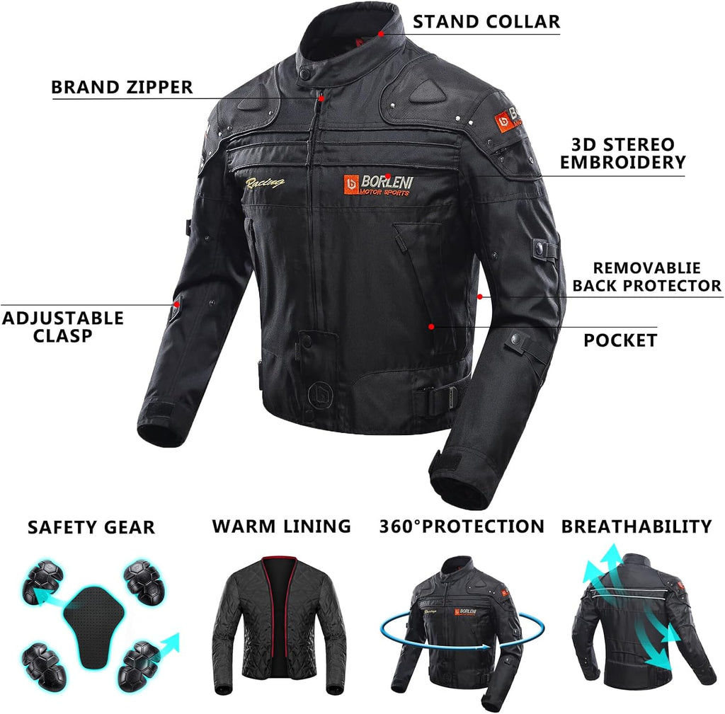 BORLEN Motorcycle Jacket for Men with Armor CE Certified Riding Jacket | Windproof Biker Riding Jacket with Full Body