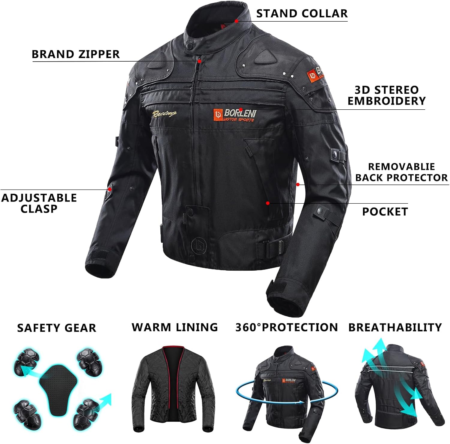 BORLEN Motorcycle Jacket for Men with Armor CE Certified Riding Jacket | Windproof Biker Riding Jacket with Full Body