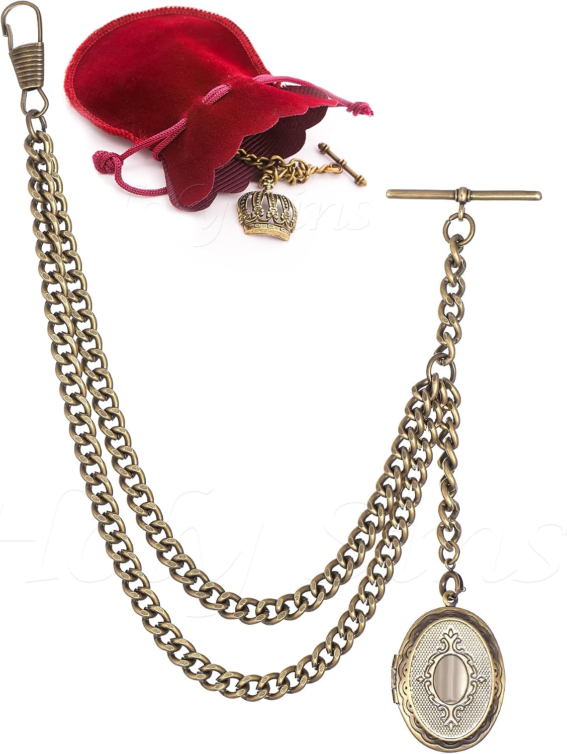 Antique Bronze Pocket Watch Chain with Locket Pendant
