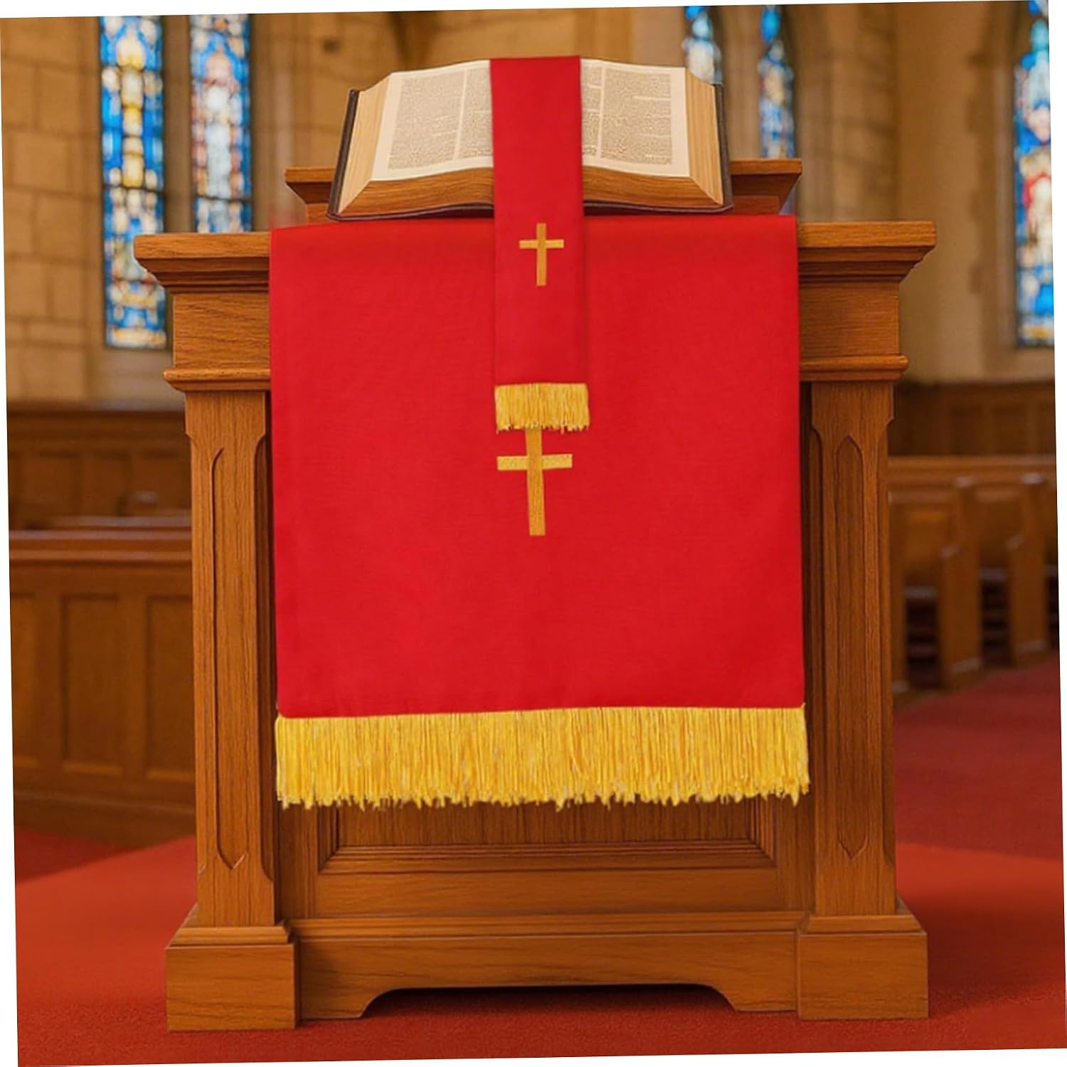 Set of 3 Reversible Parament Set with Red Table Runner Bookmark and Embroidered Pulpit Scarf Featuring Gold Cross for