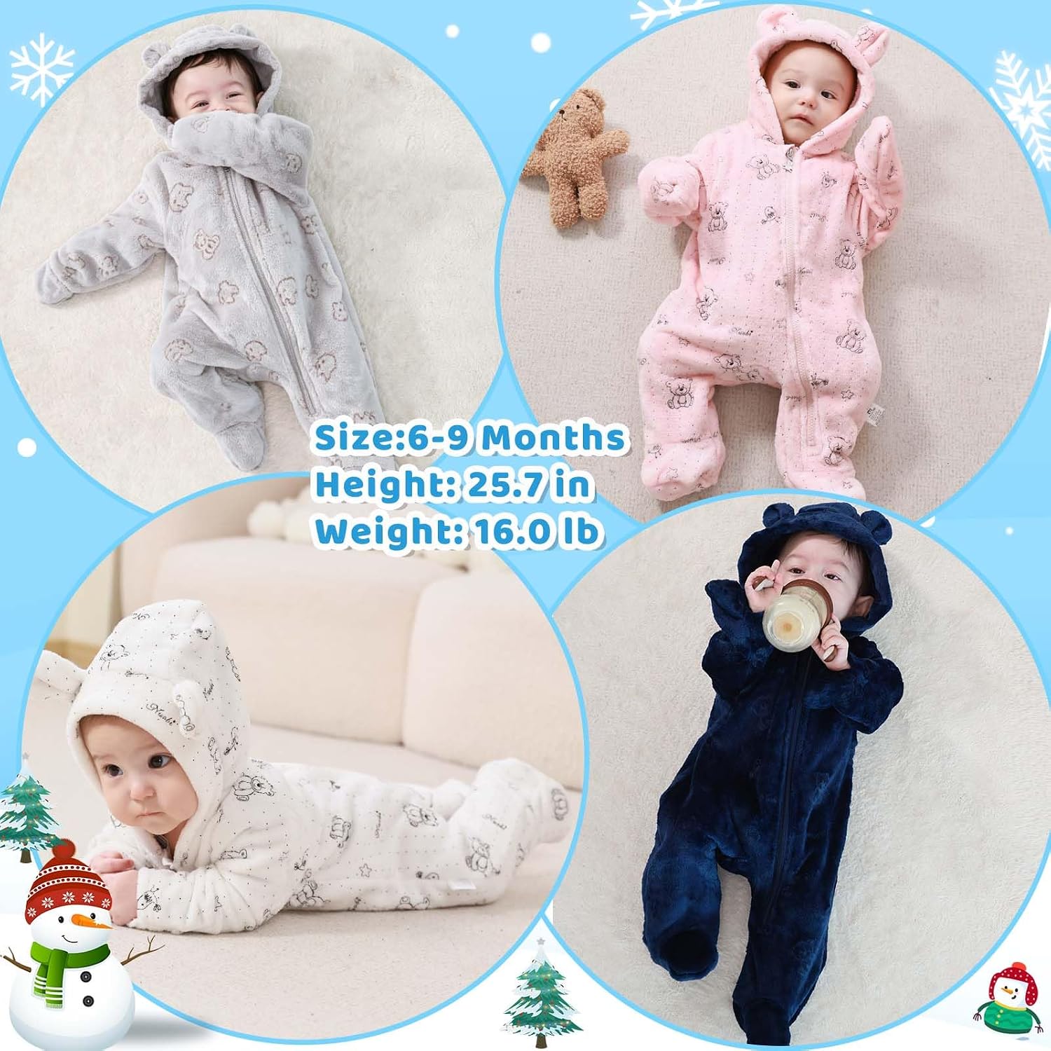 Newborn Baby Bear Suit Thin Fleece Footie Romper Snowsuit Hooded Jumpsuit Bodysuit Winter Clothes Boy Girl 0-12M