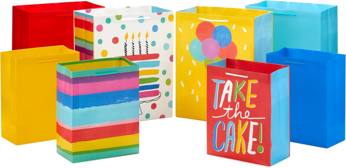 Assorted Birthday Gift Bags, 8-Pack (Take the Cake! Red, Blue)