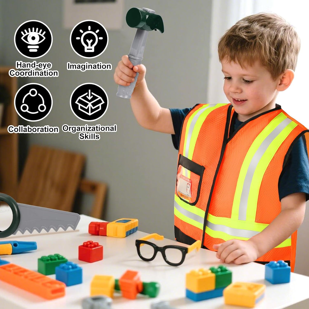 Kids Tool Set Pretend Toy for 3 4 5 Years Old with Costume | Breathable Fabric, Durable Helmet, Smooth Edges